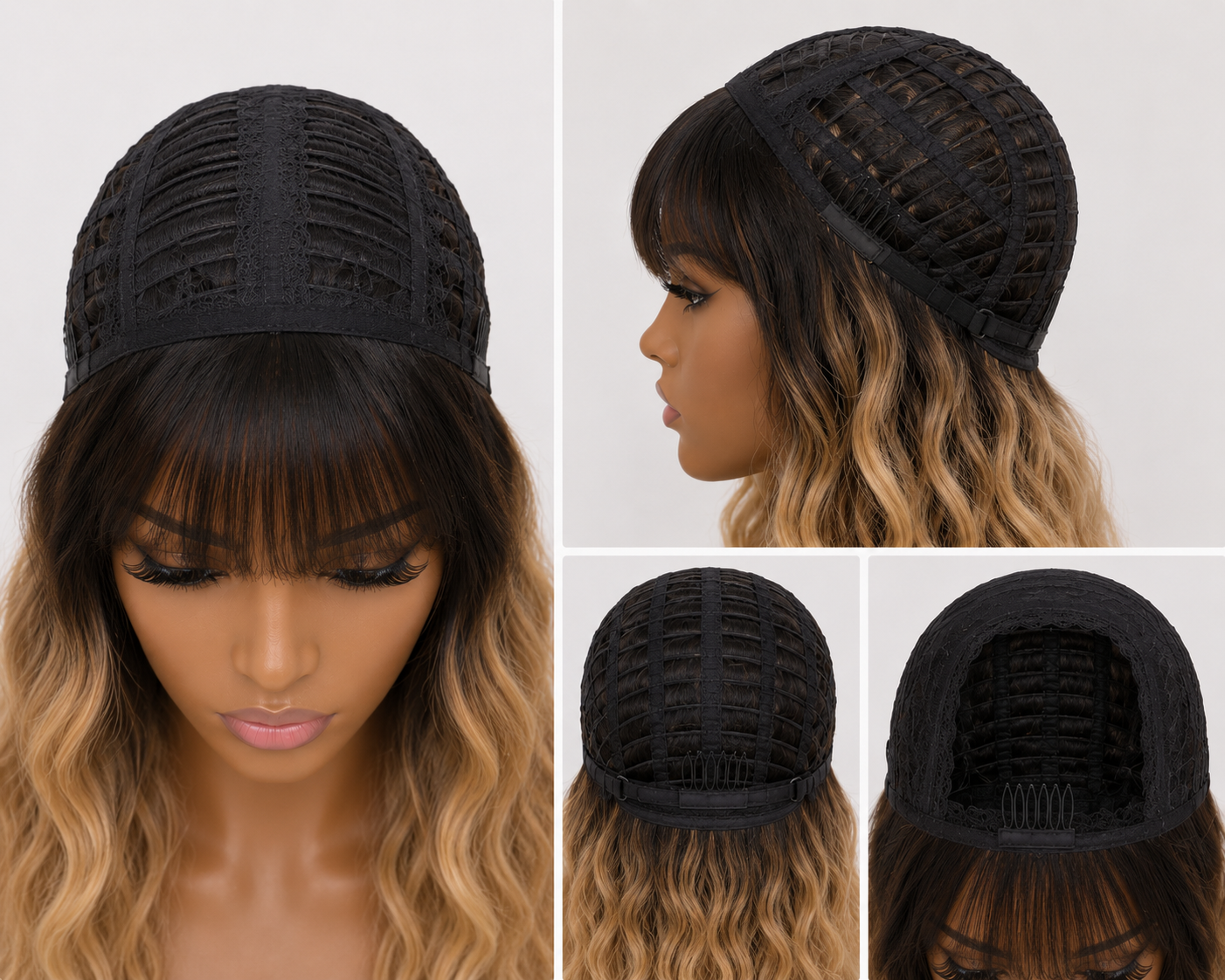 dvn DOUNIA – Perruque synthétique ondulée avec frange 30 pouces ombré brun effet naturel